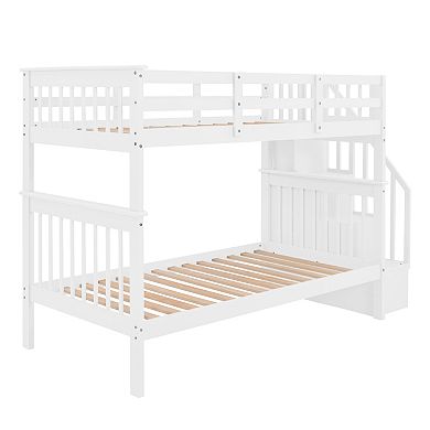 Pnronnc Twin over Twin Bunk Bed with Storage Stairway and Guard Rail