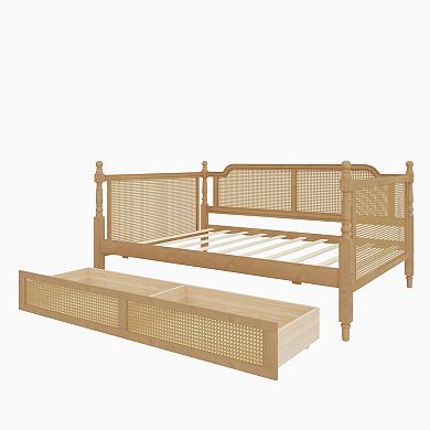 Pnronnc Traditional Daybed Four Poster Sofa Bed Rattan Frame Daybed with 2 Drawers or Trundle