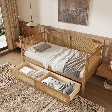 Pnronnc Traditional Daybed Four Poster Sofa Bed Rattan Frame Daybed with 2 Drawers or Trundle