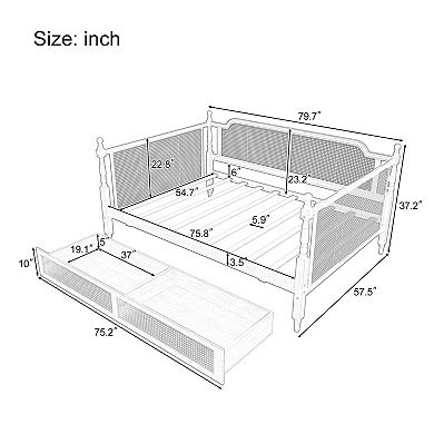 Pnronnc Traditional Daybed Four Poster Sofa Bed Rattan Frame Daybed with 2 Drawers or Trundle