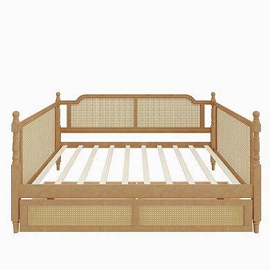 Pnronnc Traditional Daybed Four Poster Sofa Bed Rattan Frame Daybed with 2 Drawers or Trundle