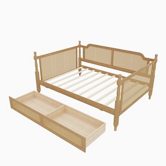 Pnronnc Traditional Daybed Four Poster Sofa Bed Rattan Frame Daybed with 2 Drawers or Trundle