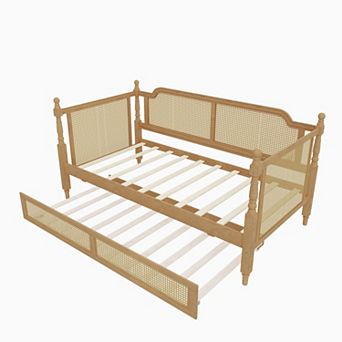 Pnronnc Traditional Daybed Four Poster Sofa Bed Rattan Frame Daybed with 2 Drawers or Trundle