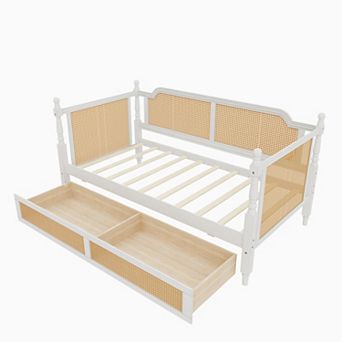 Pnronnc Traditional Daybed Four Poster Sofa Bed Rattan Frame Daybed with 2 Drawers or Trundle
