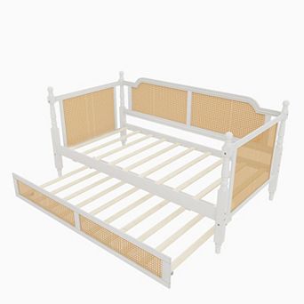 Pnronnc Traditional Daybed Four Poster Sofa Bed Rattan Frame Daybed with 2 Drawers or Trundle