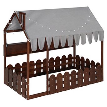 Pnronnc Montessori Toddler Bed House Bed Full Size Floor Bed with Fence Railing, Tent, Lights, Shelf