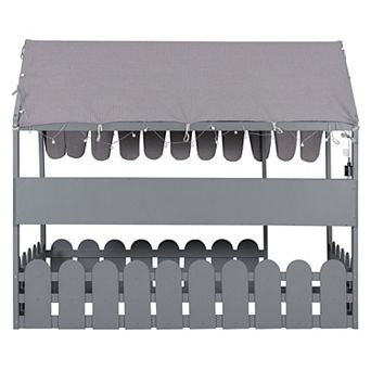 Pnronnc Montessori Toddler Bed House Bed Full Size Floor Bed with Fence Railing, Tent, Lights, Shelf