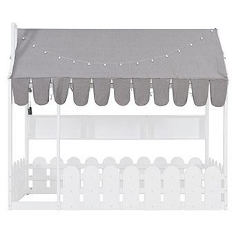 Pnronnc Montessori Toddler Bed House Bed Full Size Floor Bed with Fence Railing, Tent, Lights, Shelf