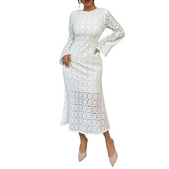 Women Elegant Floral Lace Mesh Long Sleeve Formal Bodycon Midi Dress