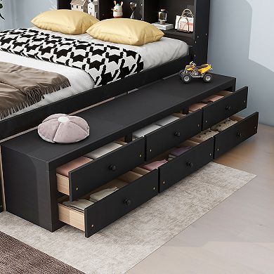 Pnronnc Full Size Bed with Bookcase Headboard, Under Bed Storage Drawers and Bed End Storage Case