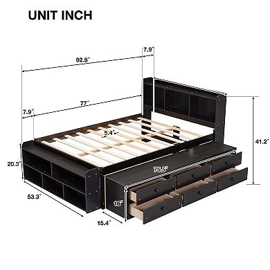 Pnronnc Full Size Bed with Bookcase Headboard, Under Bed Storage Drawers and Bed End Storage Case