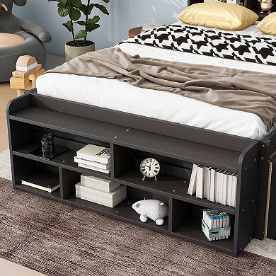 Pnronnc Full Size Bed with Bookcase Headboard, Under Bed Storage Drawers and Bed End Storage Case