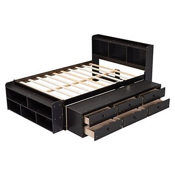 Pnronnc Full Size Bed with Bookcase Headboard, Under Bed Storage Drawers and Bed End Storage Case