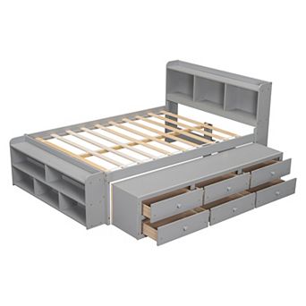 Pnronnc Full Size Bed with Bookcase Headboard, Under Bed Storage Drawers and Bed End Storage Case