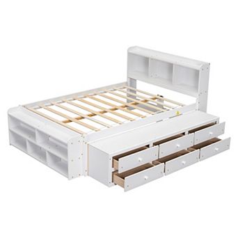 Pnronnc Full Size Bed with Bookcase Headboard, Under Bed Storage Drawers and Bed End Storage Case