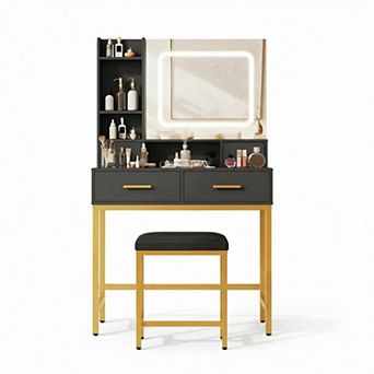 ANIXOL 4 Drawers and 2 Shelves, Built-In Charging Station，Makeup Vanity Desk with Mirror and Lights