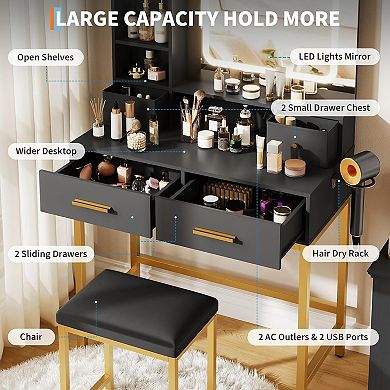 ANIXOL 4 Drawers and 2 Shelves, Built-In Charging Station，Makeup Vanity Desk with Mirror and Lights