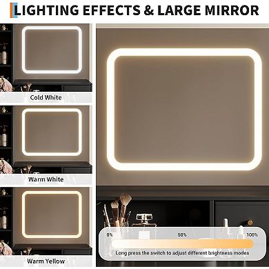 ANIXOL 4 Drawers and 2 Shelves, Built-In Charging Station，Makeup Vanity Desk with Mirror and Lights