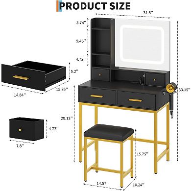 ANIXOL 4 Drawers and 2 Shelves, Built-In Charging Station，Makeup Vanity Desk with Mirror and Lights