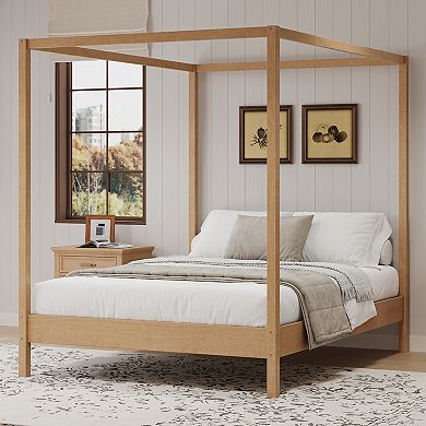 Pnronnc Solid Wood Canopy Frame Platform Bed Four Poster Bed with Slats Support No Box Spring Needed