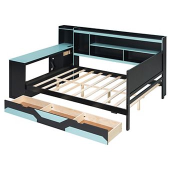 Pnronnc Bookcase Captains Daybed Modern Wooden Bed Frame with Desk, Light, Drawers, Charging Station