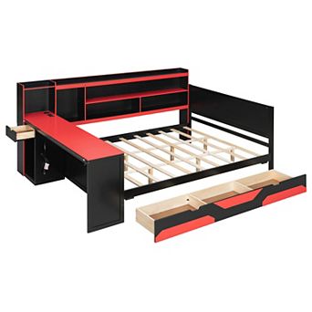 Pnronnc Bookcase Captains Daybed Modern Wooden Bed Frame with Desk, Light, Drawers, Charging Station