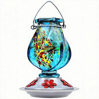 22oz Hand Blown Glass Hummingbird Feeder Outdoor Hanging Ant Moat 5 Ports Gift