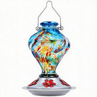 22oz Hand Blown Glass Hummingbird Feeder Outdoor Hanging Ant Moat 5 Ports Gift