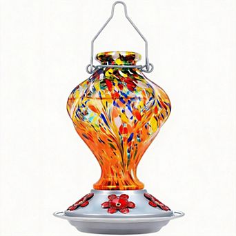 22oz Hand Blown Glass Hummingbird Feeder Outdoor Hanging Ant Moat 5 Ports Gift