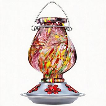 22oz Hand Blown Glass Hummingbird Feeder Outdoor Hanging Ant Moat 5 Ports Gift