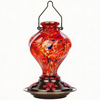 22oz Hand Blown Glass Hummingbird Feeder Outdoor Hanging Ant Moat 5 Ports Gift