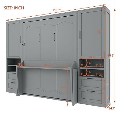 Pnronnc Bookcase Murphy Bed Queen Size Captains Platform Bed Cube Wall Bed with Closet and Drawers