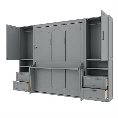 Pnronnc Bookcase Murphy Bed Queen Size Captains Platform Bed Cube Wall Bed with Closet and Drawers