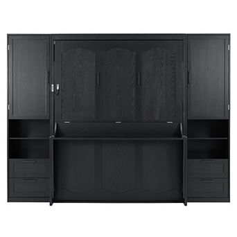 Pnronnc Bookcase Murphy Bed Queen Size Captains Platform Bed Cube Wall Bed with Closet and Drawers