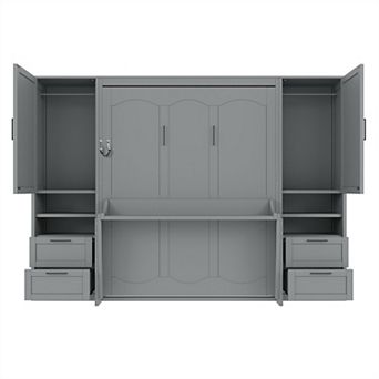 Pnronnc Bookcase Murphy Bed Queen Size Captains Platform Bed Cube Wall Bed with Closet and Drawers