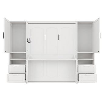Pnronnc Bookcase Murphy Bed Queen Size Captains Platform Bed Cube Wall Bed with Closet and Drawers