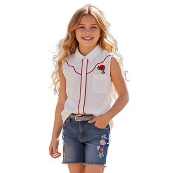 Girls' Sleeveless Western Shirt with Rose Embroidery Casual Button-Down Collared Top