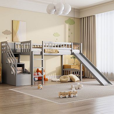 Pnronnc Twin Size Wooden Loft Bed with Storage Stairway, 2 Drawers and Slide