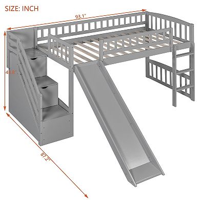 Pnronnc Twin Size Wooden Loft Bed with Storage Stairway, 2 Drawers and Slide