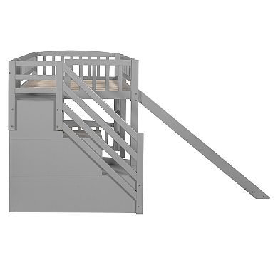 Pnronnc Twin Size Wooden Loft Bed with Storage Stairway, 2 Drawers and Slide