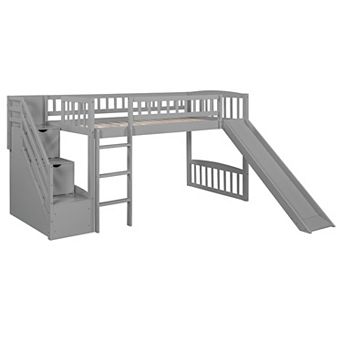 Pnronnc Twin Size Wooden Loft Bed with Storage Stairway, 2 Drawers and Slide