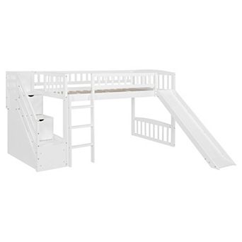 Pnronnc Twin Size Wooden Loft Bed with Storage Stairway, 2 Drawers and Slide