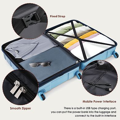 Trikiousd Luggage Set of 3, 20inch with USB Port, ABS+PC Hard Shell Luggage with Spinner Wheels