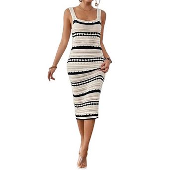 Women Casual Striped Fitted Square Neck Beach Vacation Bohemian Midi Tank Dresses