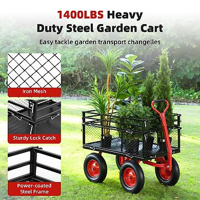 880lbs Capacity Utility Wagon, Heavy Duty Steel Garden Cart,4 Removable Mesh Sides
