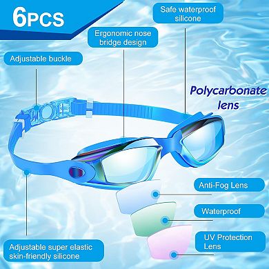 6pc Swimming Goggles Anti Fog Ear Plugs Nose Clip