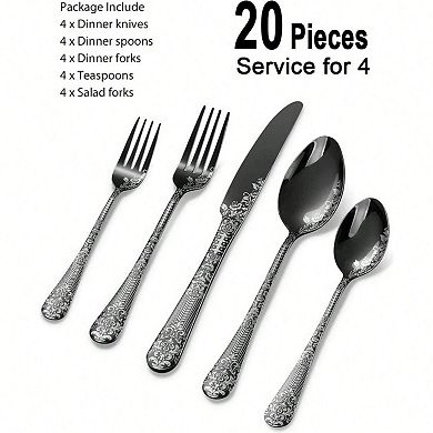 Damask Rose Stainless Steel 20pc Flatware Set Dishwasher Safe Mirror Polish