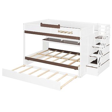 Pnronnc Full Over Full Bunk Bed with Twin Size Trundle Bed, Storage Staircase, Bookcase Shelves, LED
