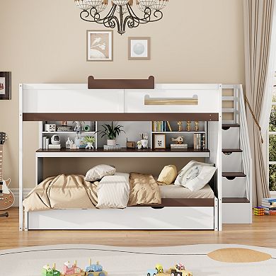 Pnronnc Full Over Full Bunk Bed with Twin Size Trundle Bed, Storage Staircase, Bookcase Shelves, LED