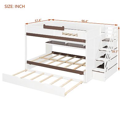 Pnronnc Full Over Full Bunk Bed with Twin Size Trundle Bed, Storage Staircase, Bookcase Shelves, LED